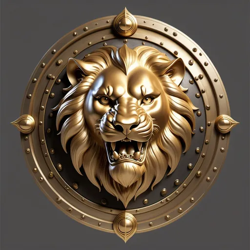 Prompt: fantasy circular shield made of gold with roaring lion façade on face of shield. Transparent background.
