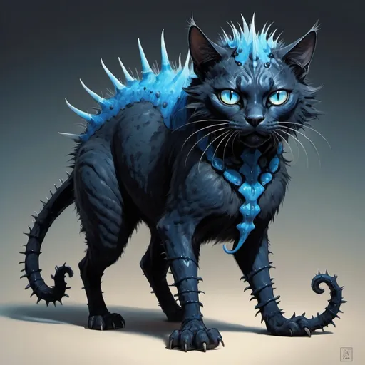 Prompt: Sleek great cat covered in blue-black fur. six legs and two tentacles sprouting from its shoulders, both ending in pads tipped with spiky protrusions. Eyes glow with an awful malevolence, Picasso style, fantasy character art, illustration, dnd, warm tone