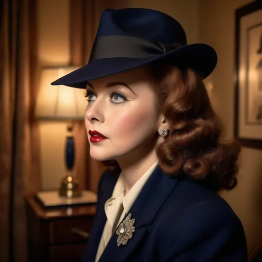 Prompt: (Beautiful Susan Hayward in 1945), glamorous 1940's makeup, (long auburn curling hair), fedora,  stylish dark blue double breasted suit, closeup, side view, standing in 1940's hotel room,  warm vintage lighting, intricate details of 1940s fashion, mood captures classic Hollywood elegance, high quality, ultra-detailed, cinematic backdrop showcasing a bygone era.