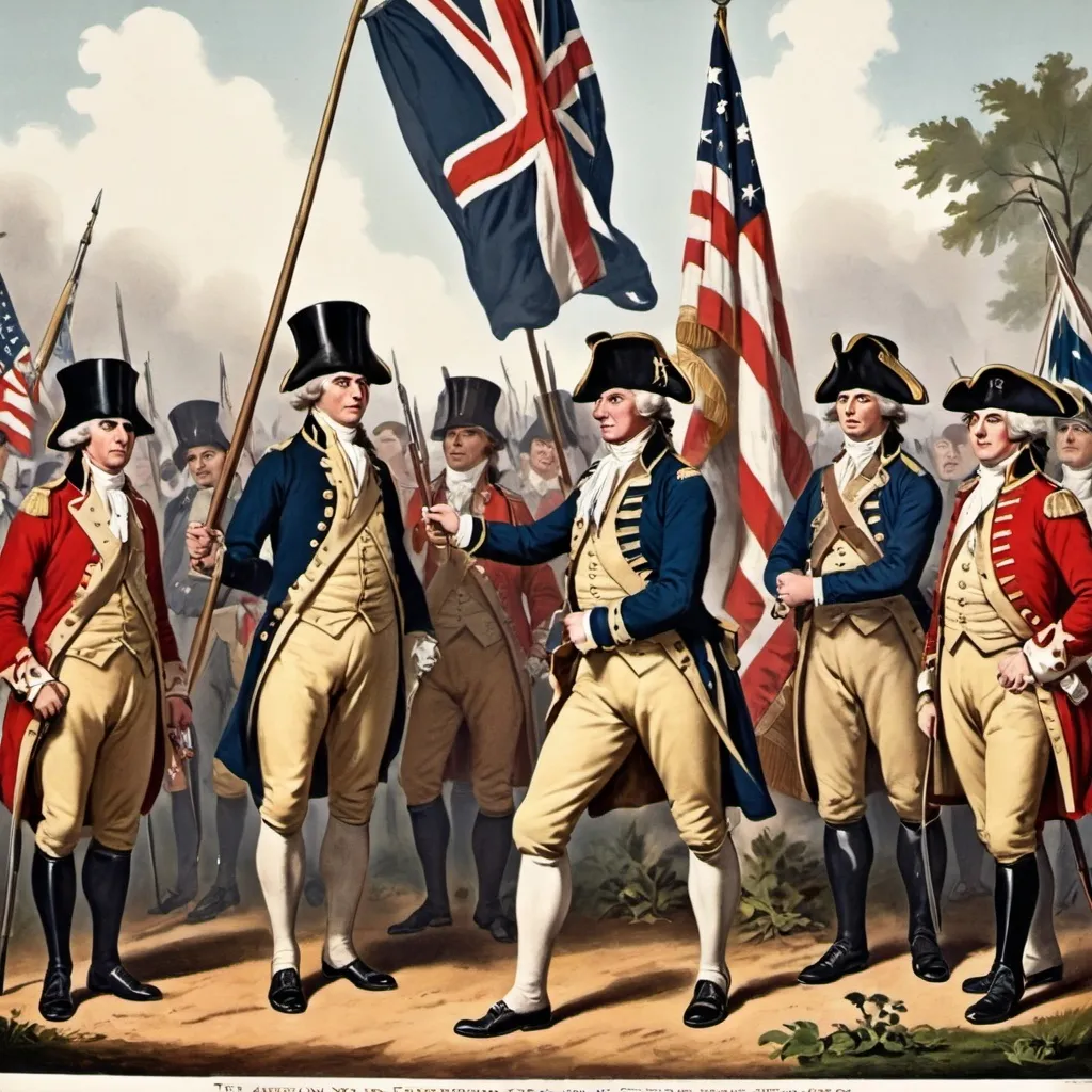 Prompt: Image for the American War for Independence from the perspective of Great Britian, make it historical and showing US as a colony fighting for independence, add British Redcoats with the Union Jack and American Army with the Betsy Ross Flag, add text "American War for Independence