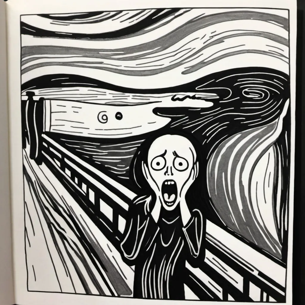 Prompt: I would like a drawing in the style of Edward Munsch, the scream, but that has a female in it instead of a male