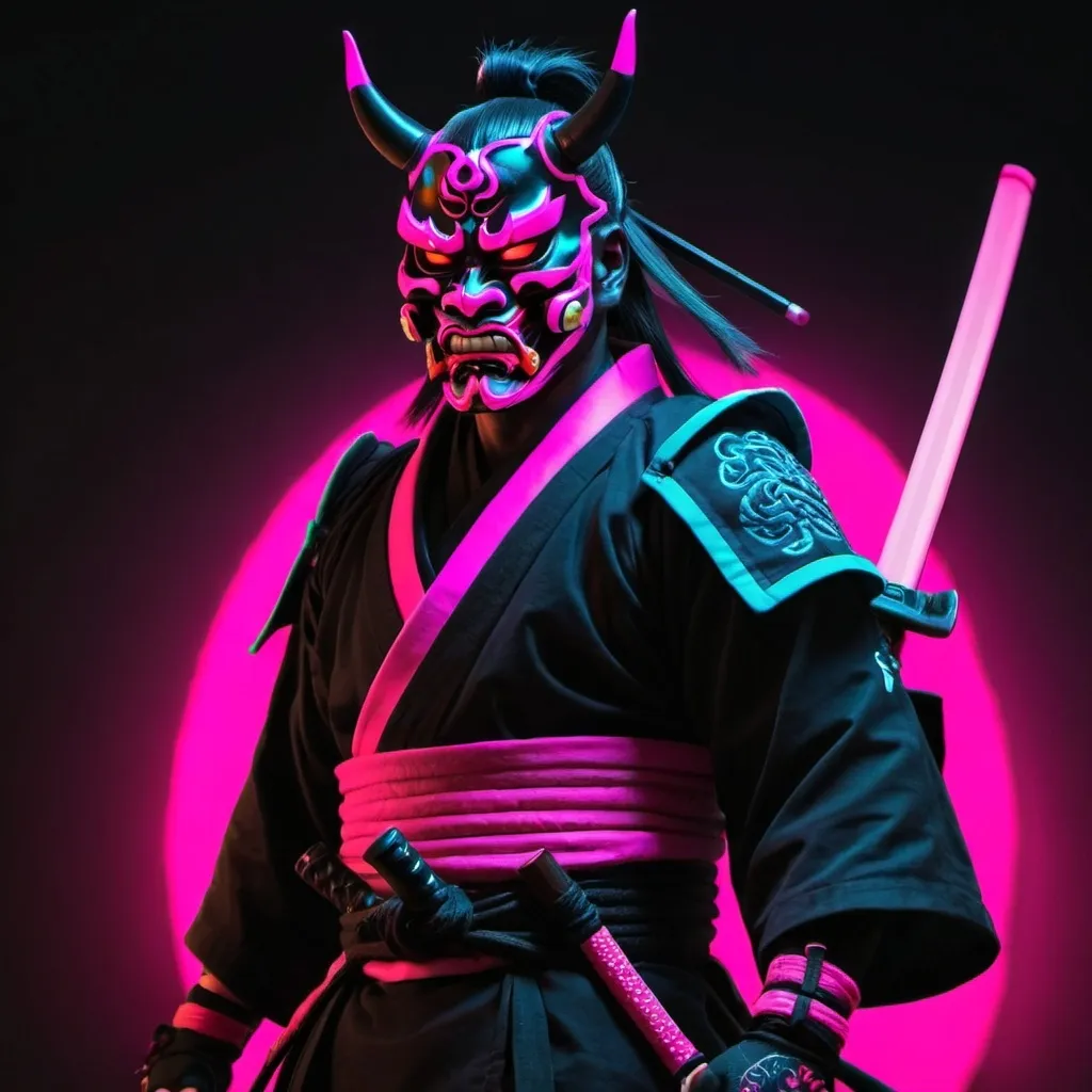 Prompt: Neon Samurai with oni mask 
Phonk esthetic in rage mode 