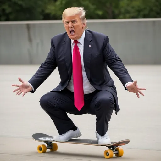 Prompt: donald trump riding a skateboard while looking mad. 