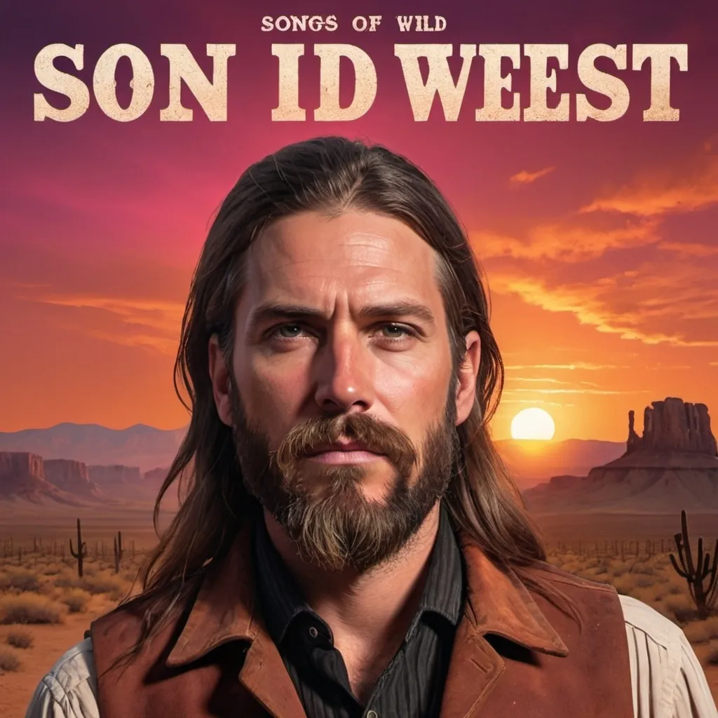 Prompt: Songs of the Wild West CD Cover.
One person has long brown hair & a long, long straight down Beard