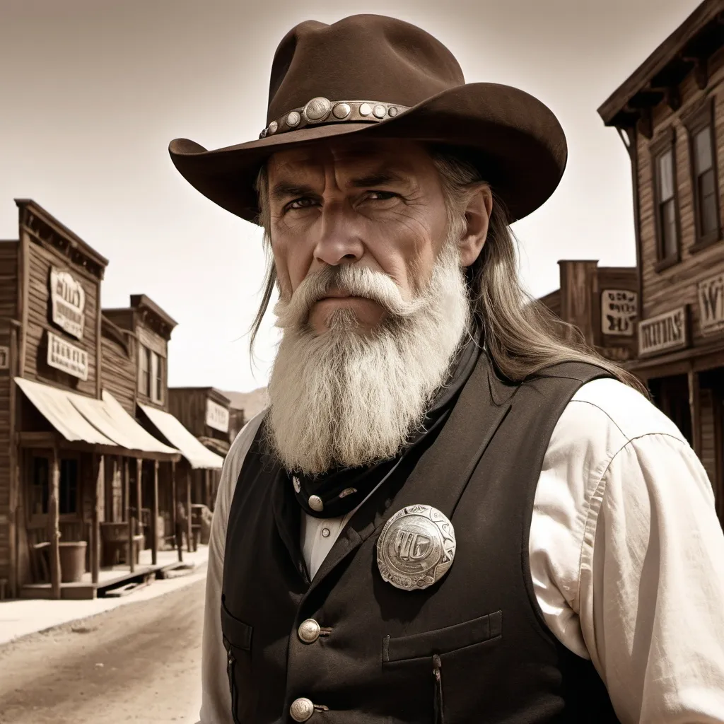 Prompt: Songs of the Wild West" CD Cover.
THE MARSHALL ONLY has long brown hair & a long, long White Beard". All of the posse, and the Marshall have their badges on their left chest.