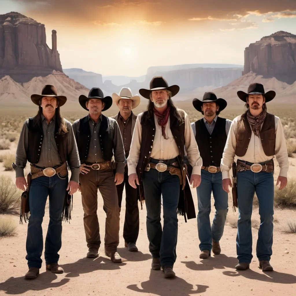 Prompt: Songs of the Wild West" CD Cover.
THE MARSHALL OF THE POSSE (7 MEN) has long brown hair & a long, long straight down White Beard"