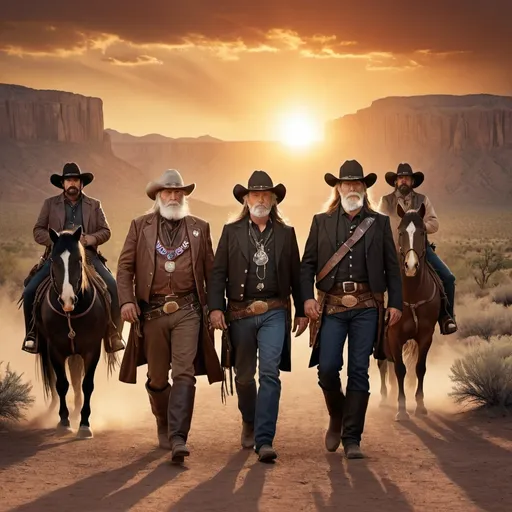 Prompt: Songs of the Wild West" CD Cover.
THE MARSHALL OF THE POSSE -7 MEN- has long brown hair & a long, long White Beard" All of the posse, and the Marshall has badges on their left chest.