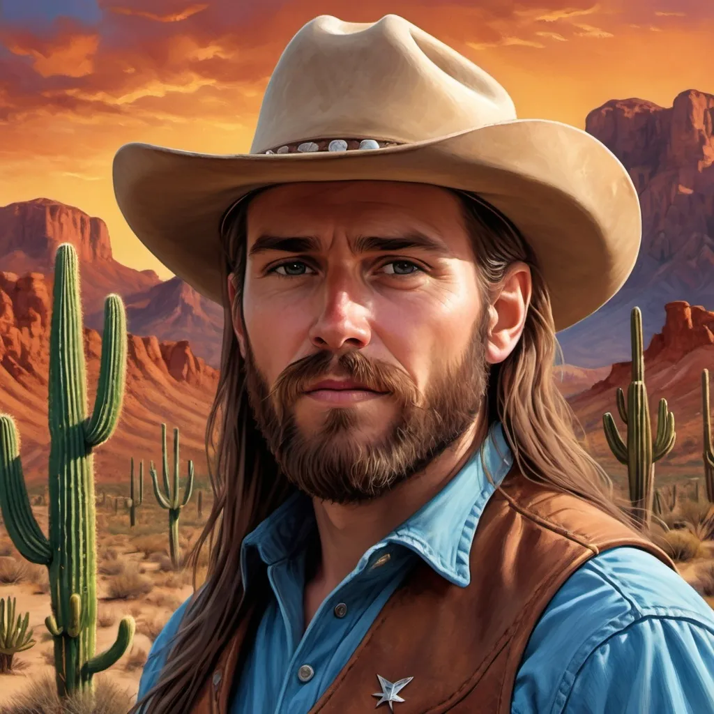 Prompt: Songs of the Wild West" CD Cover.
One person has long brown hair & a long, long straight down Beard"