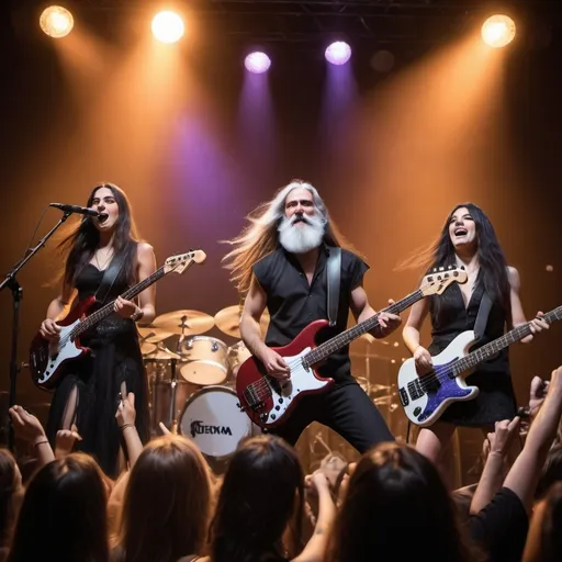 Prompt: (a five-piece band on stage), lively concert atmosphere, spotlight illuminating musicians, (dramatic energy), drummer with long brown hair and long white beard, two guitarists with short black hair, female bass player with long black hair, vibrant stage lights, cheering audience visage, intricate details, (high-quality), (ultra-detailed), warm color tones with hints of blue and purple ambiance.