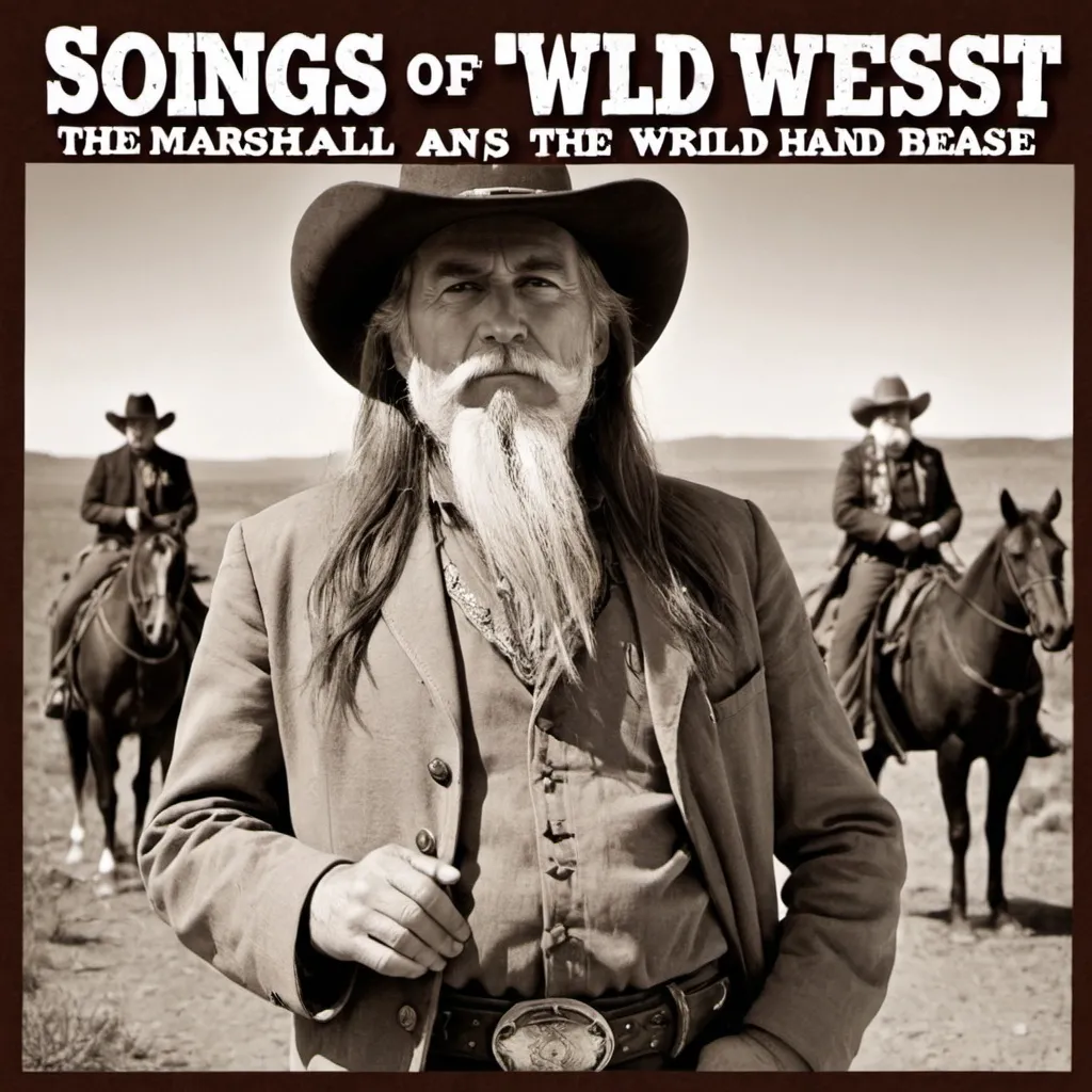 Prompt: Songs of the Wild West" CD Cover.
THE MARSHALL OF THE POSSE (7 MEN) has long brown hair & a long, long straight down White Beard"