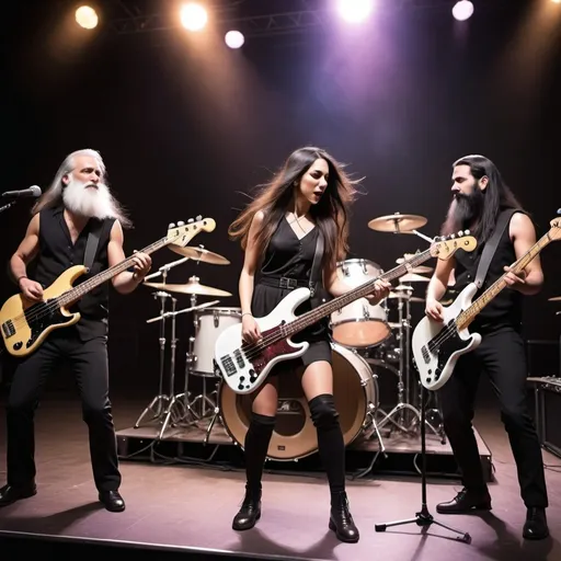 Prompt: A five-piece band on stage (dynamic performance), lively atmosphere, (vibrant lighting), colorful spotlights illuminating the musicians, the (drummer with long brown hair and a long white beard), two guitarists with short black hair, (female bass player with long black hair), age-representative outfits, (energetic expressions), 4K, ultra-detailed, capturing the essence of a memorable live music experience.