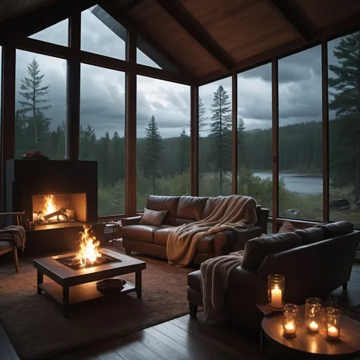 Prompt: real looking fantasy photo of a scene in a modern cabin in the woods surrounded by trees. From the viewpoint of a person sitting by on the living room sofa which is a large fabric upholstered sofa facing the fireplace, the walls in front and to the side are all glass windows. There is a storm outside. The fire crackling inside. There is  a huge coffee table and all other furniture is fabric upholstered. There are cozy blankets and hot cocoa steaming. It is dimly lit the scene takes place just after the sun has set- the sky is not totally dark but it’s darker than normal because of the storm and the sun has already set. Cinematic lighting