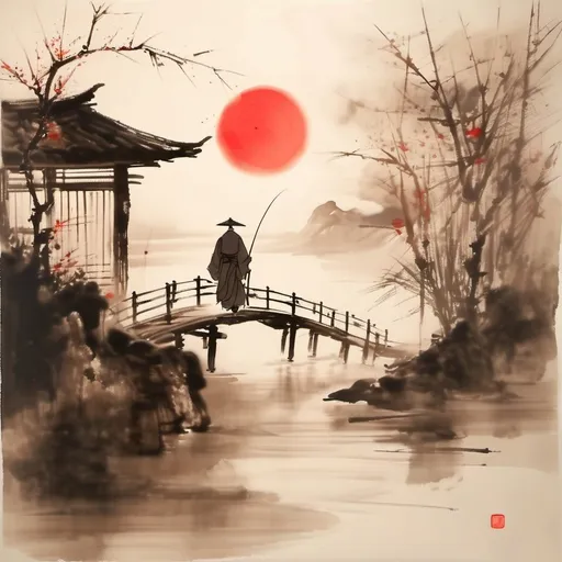 Prompt: Sepia-tone ink painting of Zen Monk wearing a traditional hat. and carrying a walking stick. Wooden bridge. Red sun. Japanese style. Very alight bluish tint