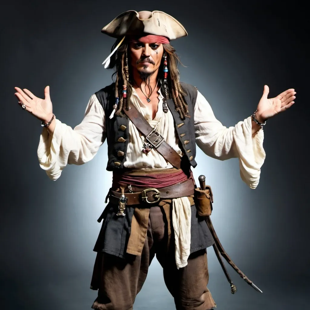 Prompt: Full portrait picture of captain jack sparrow, with his arms held out horizontally, so he is stood like a Christian cross