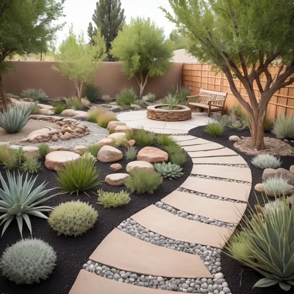 Prompt: Design a xeriscape garden with circular shape with plants native to southern Utah. include a creek and some shaded areas and paths for people to walk