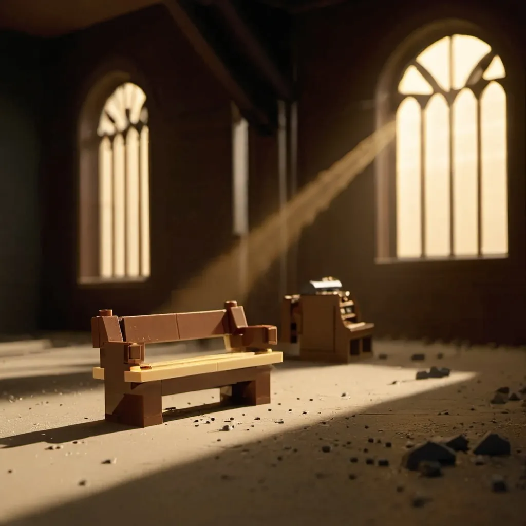 Prompt: In a long dark room sits alone left of center a single pew covered in dust that is enlightend from the suns rays 

