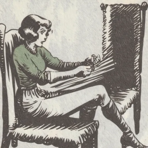 Prompt: woman knitting a green sweater in a 1940's style chair
