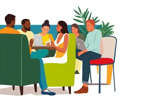 Prompt: Create an abstract, colorful illustration of a cozy cafe scene. Include various people sitting on different chairs and sofas, some chatting and others working on laptops. The background should show more individuals in casual clothes, enhancing the lively and vibrant atmosphere. Use a palette of bright and playful colors such as greens, blues, reds, and yellows. The style should be modern and simplified, focusing on shapes and colors rather than detailed features.