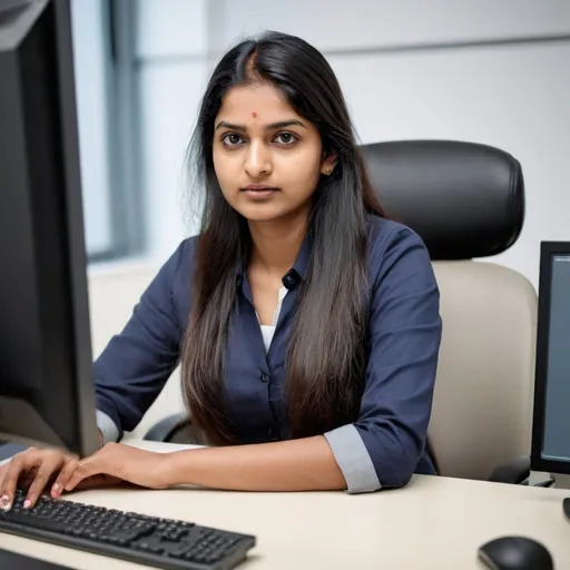 Prompt: Realistic looking Young Indian woman, professional, Technologist,working in front of a computer