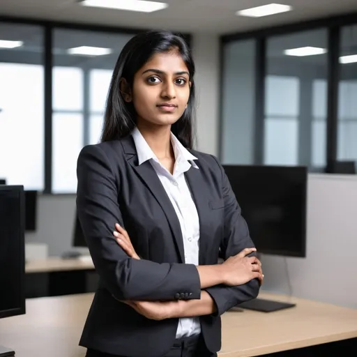 Prompt: Realistic looking Young Indian woman, professional, Technologist, standing in an office 