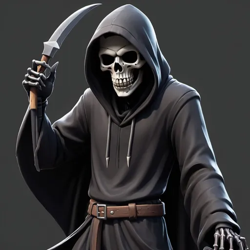 Prompt: grim reaper doing a fortnite emote with a black background, and the grim reapers clothes are a very very dark grey