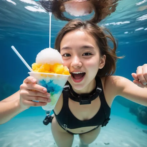 Prompt: A girl enjoying shaved ice while diving underwater 