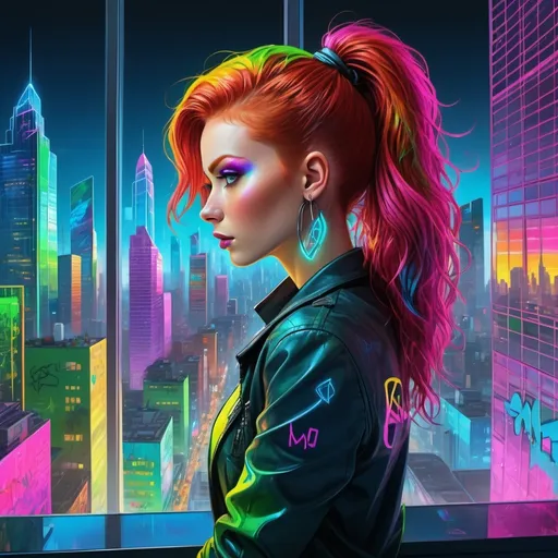 Prompt: (redhead female), (office at the top of a skyscraper), vibrant cartoon style, striking neon colors of blue, pink, yellow, green, and rainbow, dynamic window reflection showcasing an urban skyline, energetic cyberpunk atmosphere, adorned with intricate graffiti, high quality, ultra-detailed, imbued with a futuristic and lively ambiance.