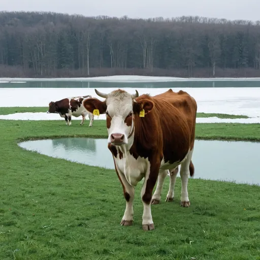 Prompt: A cow is standing on a green field. In the background, there is a frozen lake where other cows are standing on. 