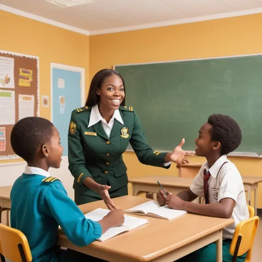 Prompt: Create a warm, inviting classroom scene where An African teacher introduces storytelling to two eager, diverse African students age 15 in uniform. The classroom should be filled with vibrant, creative elements that represent the magic and imagination of storytelling. caption of story telling on the wall in the background