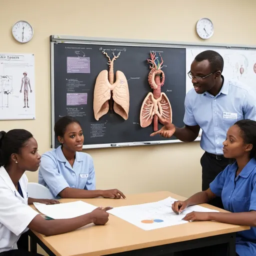 Prompt: African biology teacher explaining digestive systemin the biology lab to two African biology student male and female  and diagram of human digestive system  in the chat on the wall while the teacher is pointing  at  the chat other biology equipment in the lab environment 