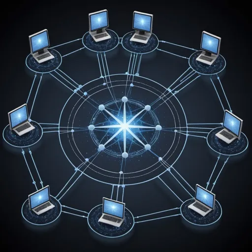 Prompt: Create an image that visually represents the concept of a star topology in networking. Show a central hub or server in the middle with multiple computers or devices connected to it in a star-like pattern. Each computer should have a direct line connecting it to the central hub. in Africa Lagos Nigeria