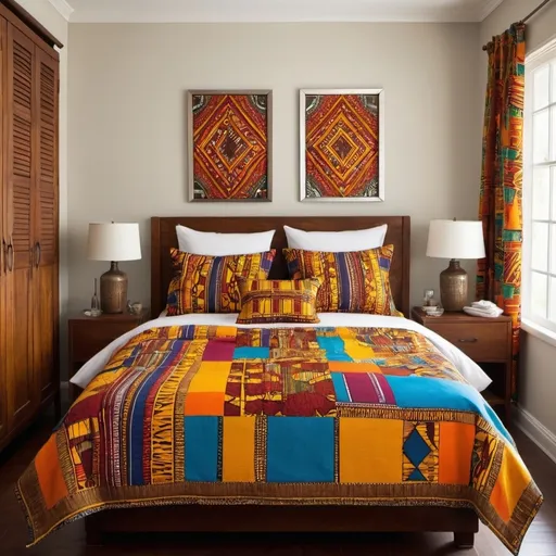 Prompt: Create an image showcasing a collection of household linen in an African home. Display neatly folded linens, such as bedsheets, pillowcases, tablecloths, and towels, arranged on shelves or in a linen closet. The linens should feature vibrant patterns and colors inspired by African textiles, incorporating designs like Ankara or Kente prints. Include a well-made bed with crisp, clean linens and a table set with a beautifully patterned tablecloth, highlighting the importance of quality and style in everyday household items.