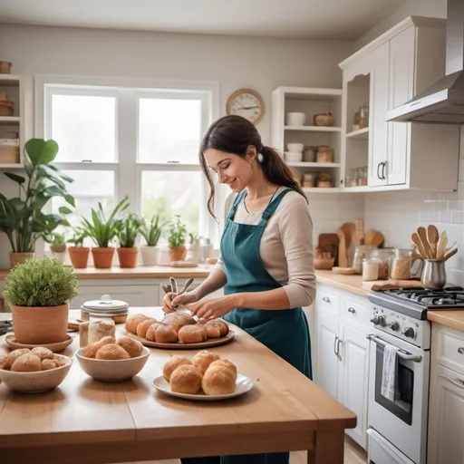 Prompt: Create an image depicting a dedicated homemaker in a cozy, well-organized home. Show the homemaker engaged in  tasks such as , tidying up the living room Include elements that emphasize the care and effort put into creating a warm and inviting home environment, such as a beautifully set dining table, freshly baked goods, and vibrant plants. The scene should highlight the homemaker's multitasking abilities and the sense of pride and accomplishment that comes from maintaining a happy and comfortable household."