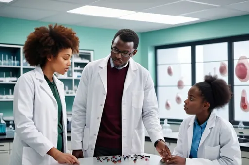 Prompt: ( African biology teacher explains Reproduction
 to  young African students), 
in a modern biology lab, engaged in a deep conversation, (illustrative male and female reproductive organ
) on the wall, (laboratory equipment) scattered on the table, both in (lab jackets), bright and clean environment, (energetic and collaborative atmosphere), crisp and detailed image, vibrant colors, (4K resolution), showcasing (scientific curiosity).