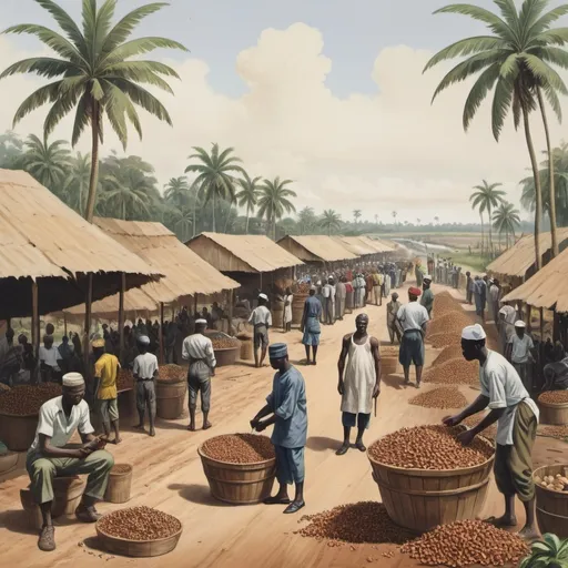 Prompt: "An illustration depicting the British colonial economy in Nigeria, focusing on key economic activities. In the foreground, Nigerian laborers are shown working on large agricultural plantations, harvesting crops like cocoa, groundnuts, and palm oil. Nearby, a British colonial officer oversees the operations, representing colonial control. In the background, a bustling port scene displays ships being loaded with raw materials destined for export. A railway line connects the plantations to the port, symbolizing the infrastructure built to support the extraction of resources. Surrounding the scene, traditional Nigerian markets contrast with the colonial economy, showing local trade and crafts. The overall image highlights the extraction of resources for the benefit of the British Empire, with little attention to the local economy's development."