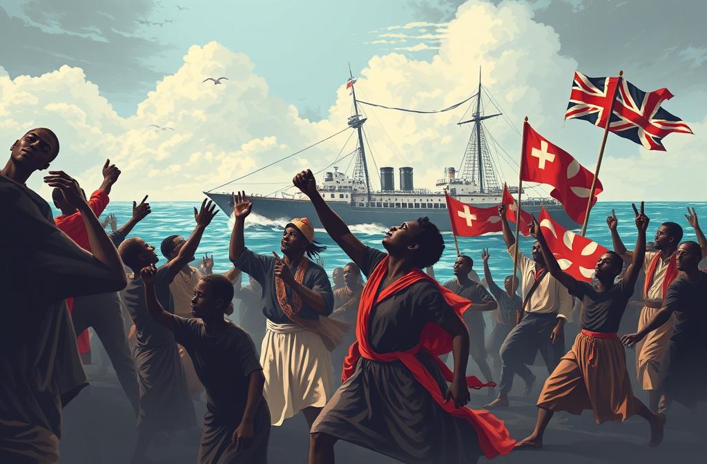 Prompt: "Design a powerful scene illustrating the abolition of the Trans-Atlantic slavery and slave trade in Africa. The image should depict a symbolic moment of liberation, with African men, women, and children breaking free from chains. In the background, show a British naval ship patrolling the Atlantic Ocean, signifying the enforcement of the abolition laws. Include African leaders and abolitionists rallying together, with banners proclaiming freedom and justice. The image should convey a strong sense of hope, resilience, and the turning point in history as the inhumane practice of slavery is brought to an end."