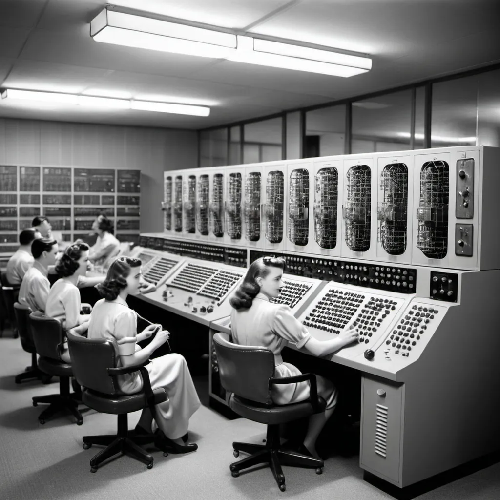 Prompt: "Create an image depicting the different generations of computers. Start with the first generation (1940s-1950s) featuring large vacuum tube computers, such as the ENIAC, occupying an entire room with operators using punch cards.