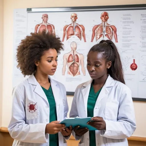 Prompt: Two you African Students male and female in the biology lab studying the concept human body as a concept of living thing wearing lab jacket explaining diagram of human body in a chat in the wall