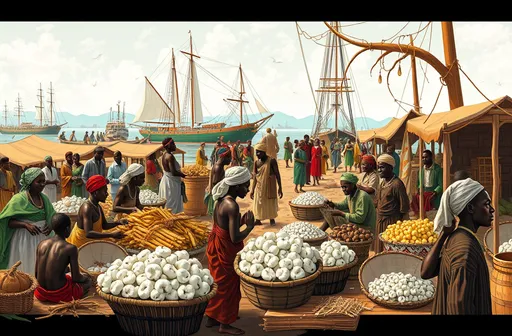 Prompt: Create a vibrant scene illustrating legitimate trade in Nigeria during the 19th century. The image should depict bustling markets with various African traders engaging in the exchange of goods such as palm oil and cotton. Include detailed visuals of traditional market stalls, merchants negotiating, In the background, show European traders and ships at the ports, symbolizing international trade relations. The scene should capture the dynamic economic activities and cultural interactions, highlighting the shift from the Trans-Atlantic slave trade to legitimate commerce."