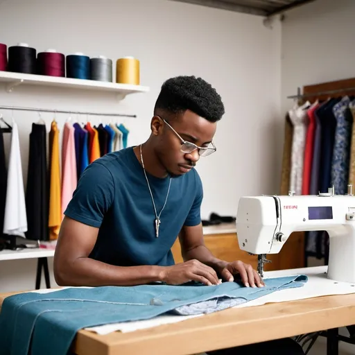 Prompt: "Create an image of a young male African fashion designer working in a modern design studio. He is focused on sewing fabric using a , modern sewing machine. The workspace should be equipped with other fashion design tools, such as fabric rolls, scissors, a mannequin dressed in a partially finished garment, and sketches pinned on the wall. The designer's expression is one of concentration and creativity, reflecting his passion for fashion design."