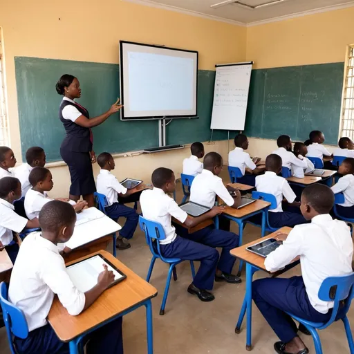 Prompt: Show a modern classroom equipped with digital tools such as interactive whiteboards, tablets, and computers.
Illustrate students and teachers actively engaging with these devices during lessons. in Africans Lagos Nigeria