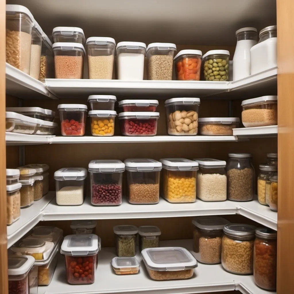 Prompt: "Create an image of a well-organized kitchen environment focused on food preservation and storage. Show various food items being preserved  containers of frozen foods in a freezer. Include a pantry with shelves stocked with canned goods, grains in airtight containers,  organized storage space to ensure food safety and freshness. in African 