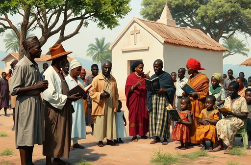 Prompt: Depict a scene of Christian missionary activities in 19th-century Nigeria. The image should show a group of European missionaries interacting with local Nigerian communities, including African men, women, and children. The missionaries are teaching, preaching, and distributing Bibles, with a simple church or mission school in the background. Include visuals of the missionaries engaging in community development activities, such as teaching in classrooms or providing medical care. The setting should include traditional Nigerian homes and landscapes, emphasizing the cultural exchange and the impact of missionary work on education, religion, and society."