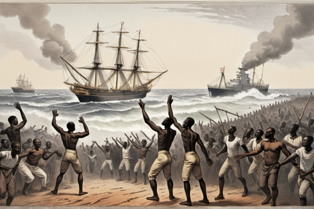 Prompt: "Design a powerful scene illustrating the abolition of the Trans-Atlantic slavery and slave trade in Africa. The image should depict a symbolic moment of liberation, with African men, women, and children breaking free from chains. In the background, show a British naval ship patrolling the Atlantic Ocean, signifying the enforcement of the abolition laws. Include African leaders and abolitionists rallying together, with banners proclaiming freedom and justice. The image should convey a strong sense of hope, resilience, and the turning point in history as the inhumane practice of slavery is brought to an end."