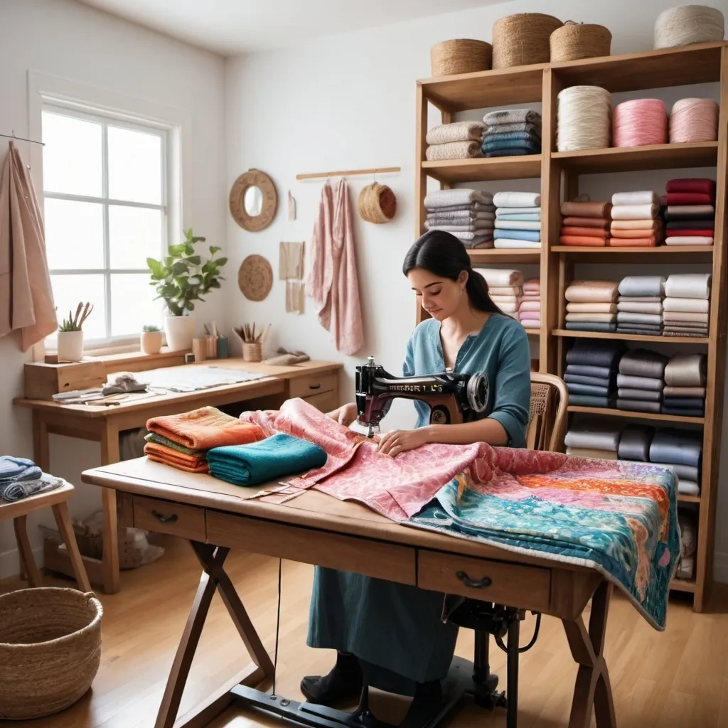 Prompt: Create an image that illustrates the production of clothing and household articles or crafts. Depict a well-organized workspace with various materials like fabric, yarn, and sewing tools. Show a person sewing a piece of clothing on a sewing machine, while another individual is crafting a household item, such as a decorative cushion or a handwoven basket. Surround the workspace with finished products like colorful clothing, quilts, and handmade crafts to emphasize the creative and productive atmosphere."