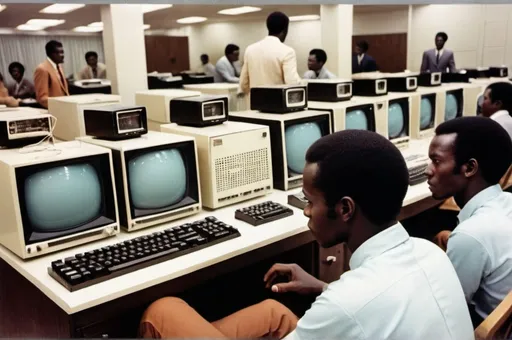 Prompt:  the third generation (1960s-1970s) with integrated circuits, including computers like the IBM System/360, and the introduction of keyboards and monitors with a young african man