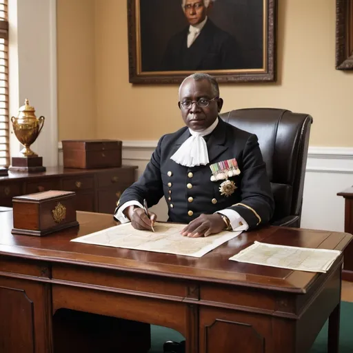 Prompt: Depict a British colonial administrator dressed in formal attire, seated at a large wooden desk in an official colonial office. The desk should have maps of African territories, official documents, and a quill pen, symbolizing control and governance.