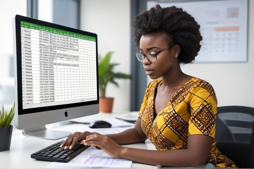 Prompt: Create an image representing a closure of an African  young woman typing using desktop in a modern office the screen display spreadsheet   ." in Africans Lagos Nigeria