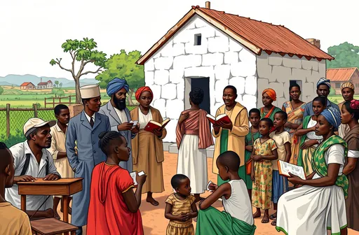 Prompt: Depict a scene of Christian missionary activities in 19th-century Nigeria. The image should show a group of European missionaries interacting with local Nigerian communities, including African men, women, and children. The missionaries are teaching, preaching, and distributing Bibles, with a simple church or mission school in the background. Include visuals of the missionaries engaging in community development activities, such as teaching in classrooms or providing medical care. The setting should include traditional Nigerian homes and landscapes, emphasizing the cultural exchange and the impact of missionary work on education, religion, and society."