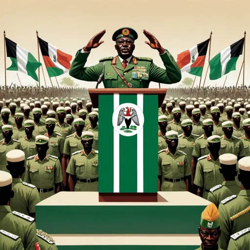 Prompt:  Depict African  militaristic scene with an authoritarian Nigeria leader standing on a podium, addressing a crowd with strict, organized ranks. Include symbols of power and control, such as  Nigeria flags with emblems, soldiers in uniform, and a rigid, disciplined few armies saluting  representing the ideology of fascism."